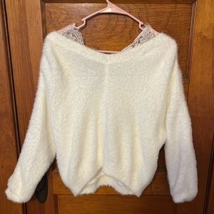 White sweater, lace detail, great for brides